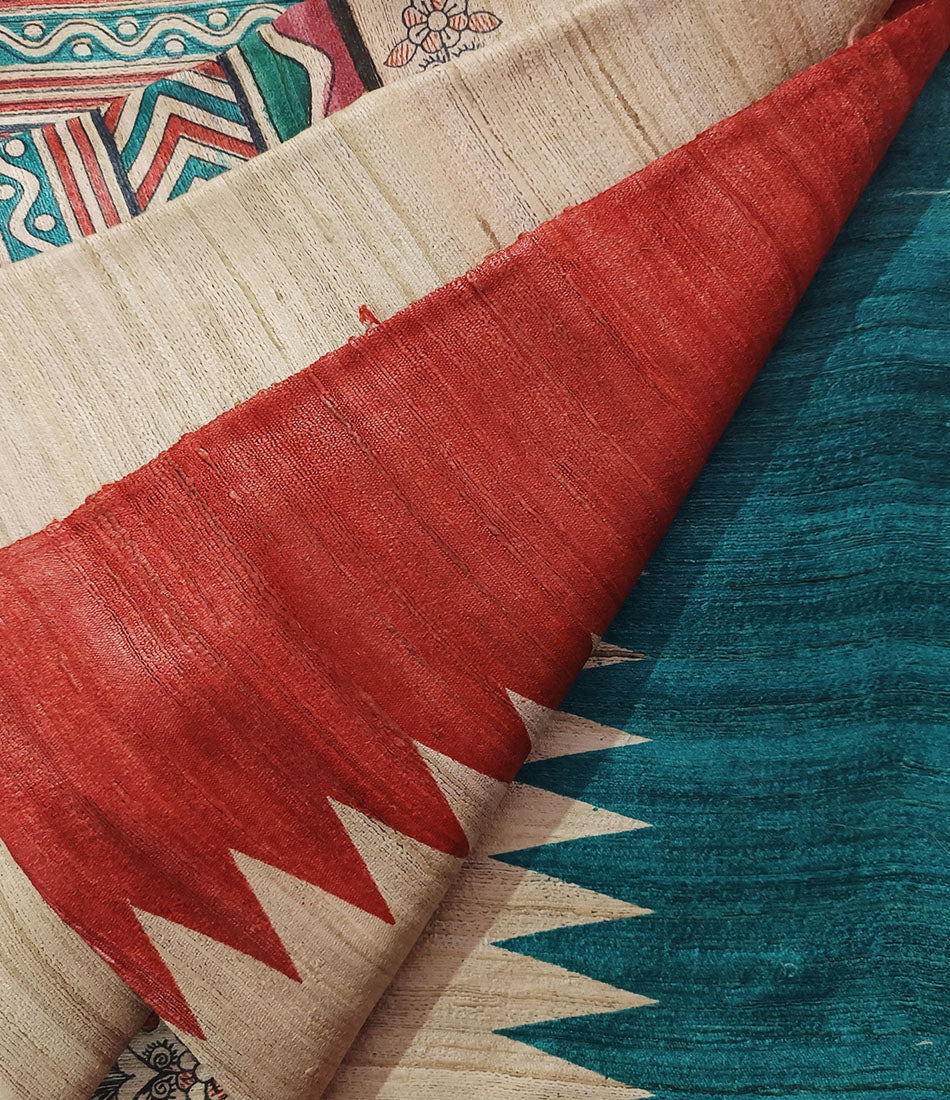Printed Red and Firozi Temple Border Silk Saree