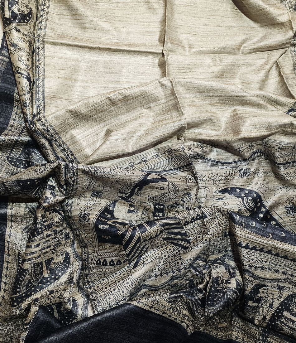 Off-white Radha-Krishna Motif Tussar Ghicha Madhubani Printed Silk Saree