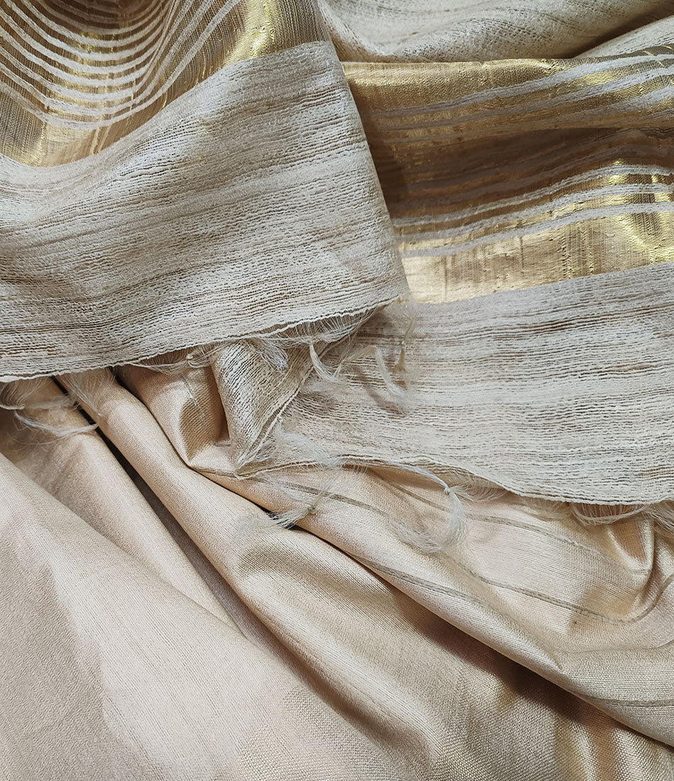 Golden-Natural Korean Tussar Ghicha Silk Saree