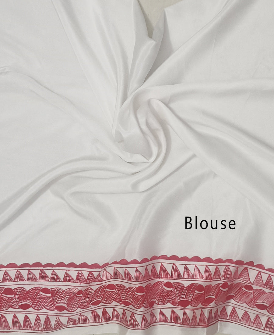 White Madhubani Hand Painted Natural Crepe Saree