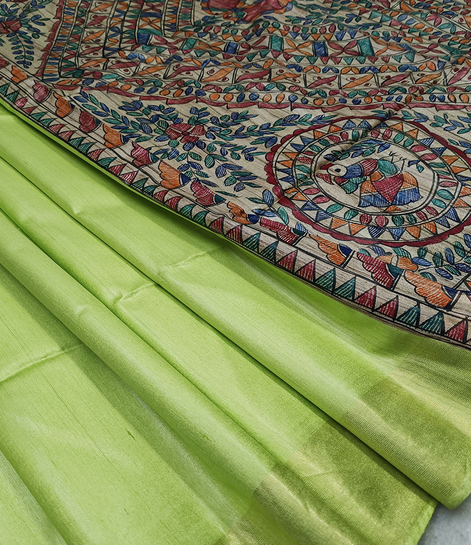 Pista Green Madhubani Hand Painted Pallu Silk Saree