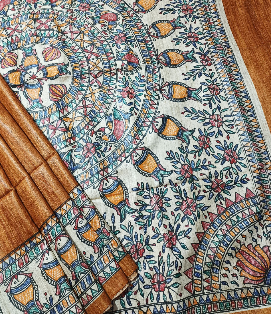 Orange Madhubani Hand Painted Ghicha Tussar Silk Saree