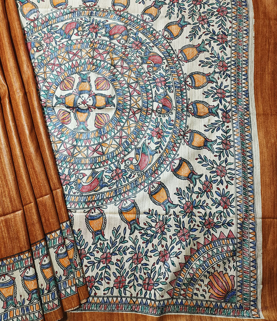 Orange Madhubani Hand Painted Ghicha Tussar Silk Saree