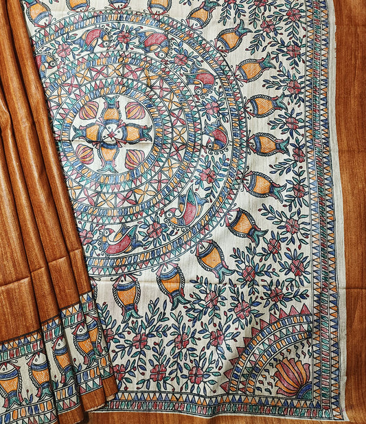 Orange Madhubani Hand Painted Ghicha Tussar Silk Saree