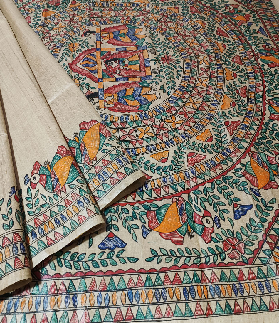 Doli-Kahar Madhubani Hand Painted Pure Desi Tussar Silk Saree