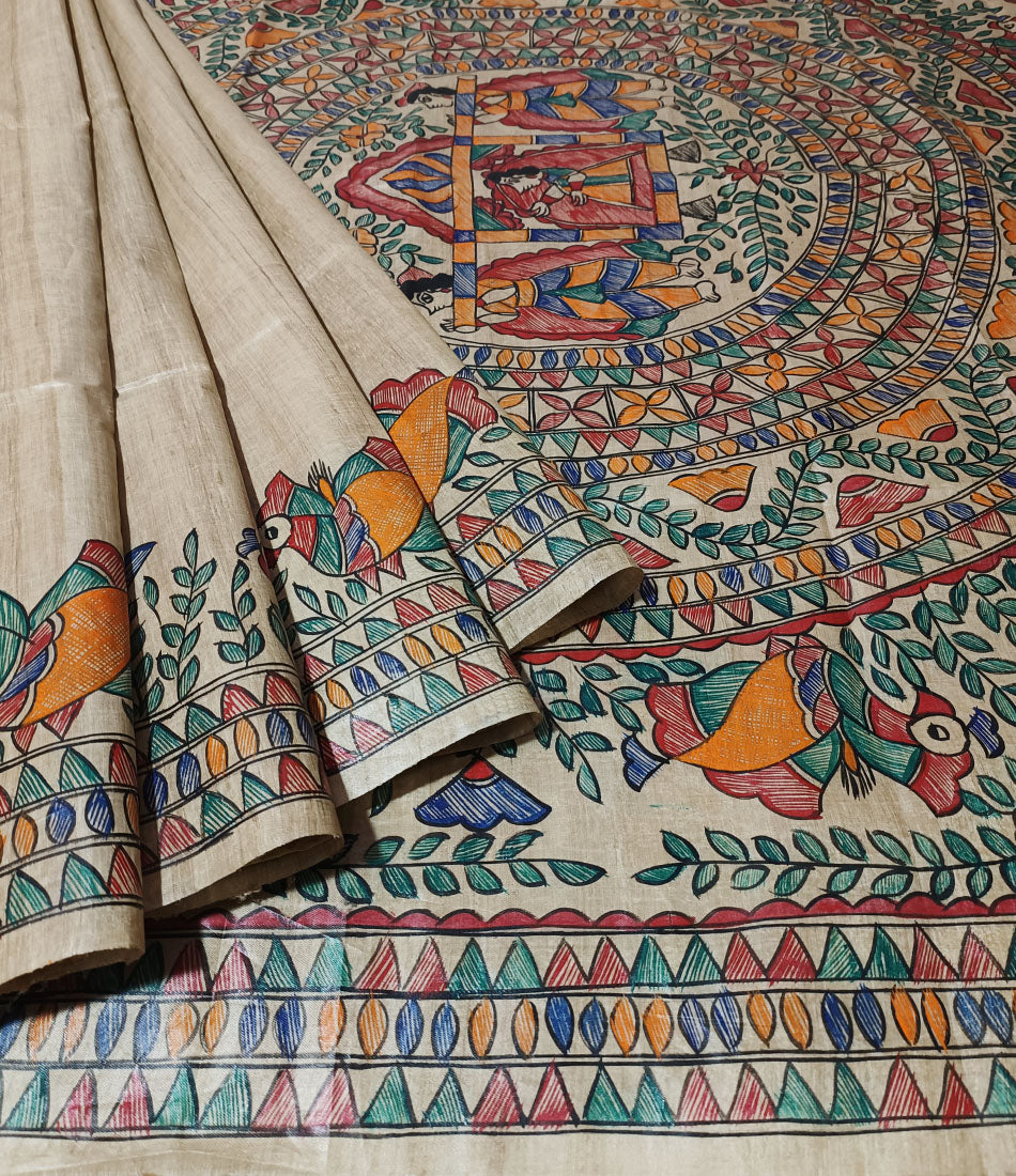 Doli-Kahar Madhubani Hand Painted Pure Desi Tussar Silk Saree