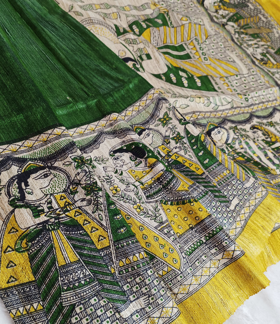 Radha-Krishna Printed Green Tussar Ghicha Silk Saree