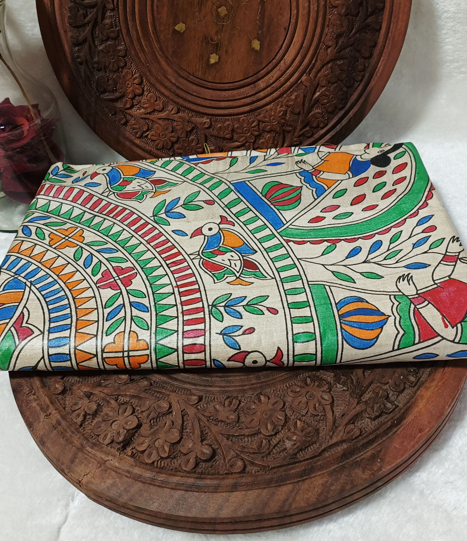Radha Krishna Madhubani Hand Painted Desi Tussar Silk Saree