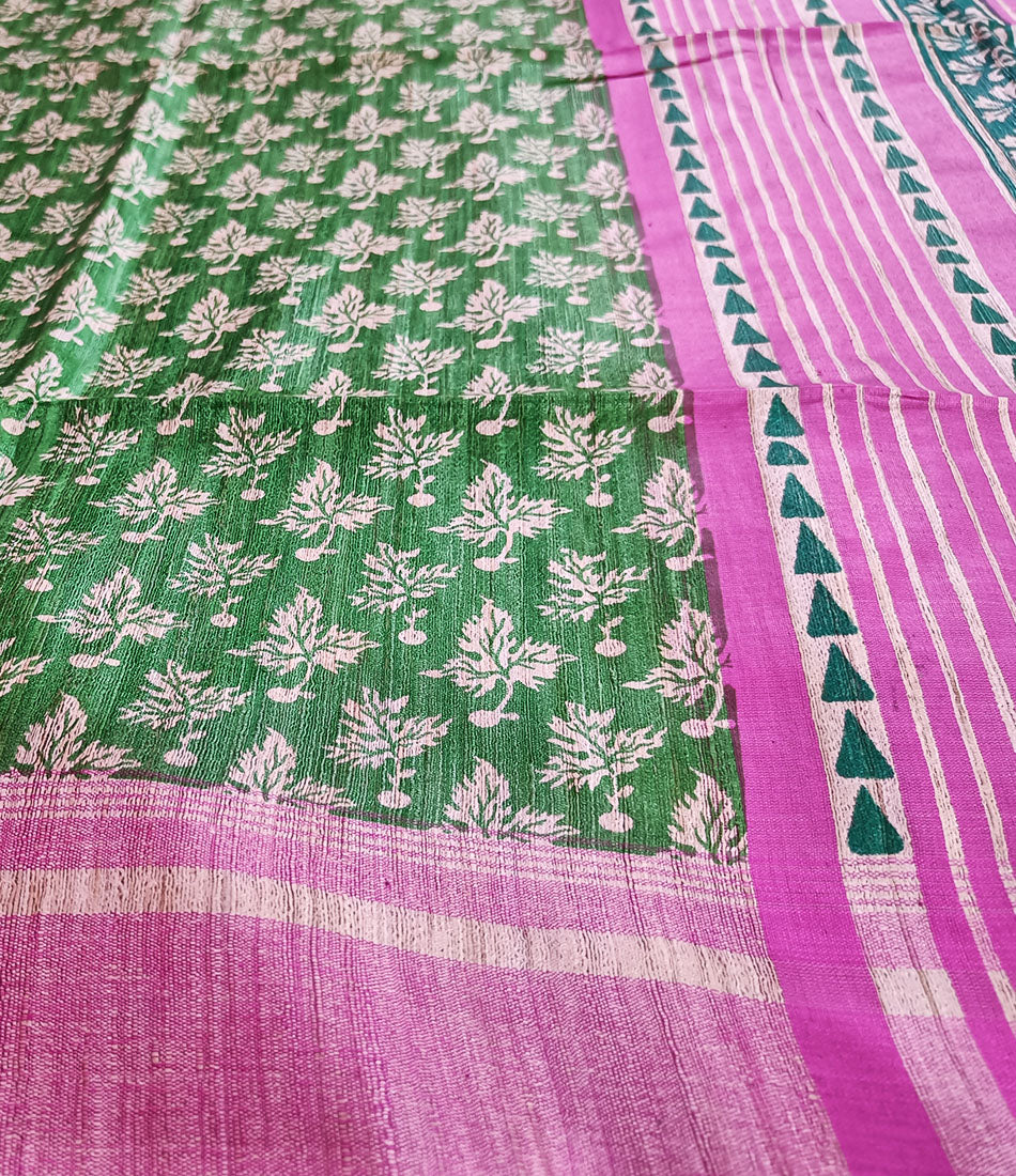 Green Pure Tussar Ghicha Printed Silk Saree