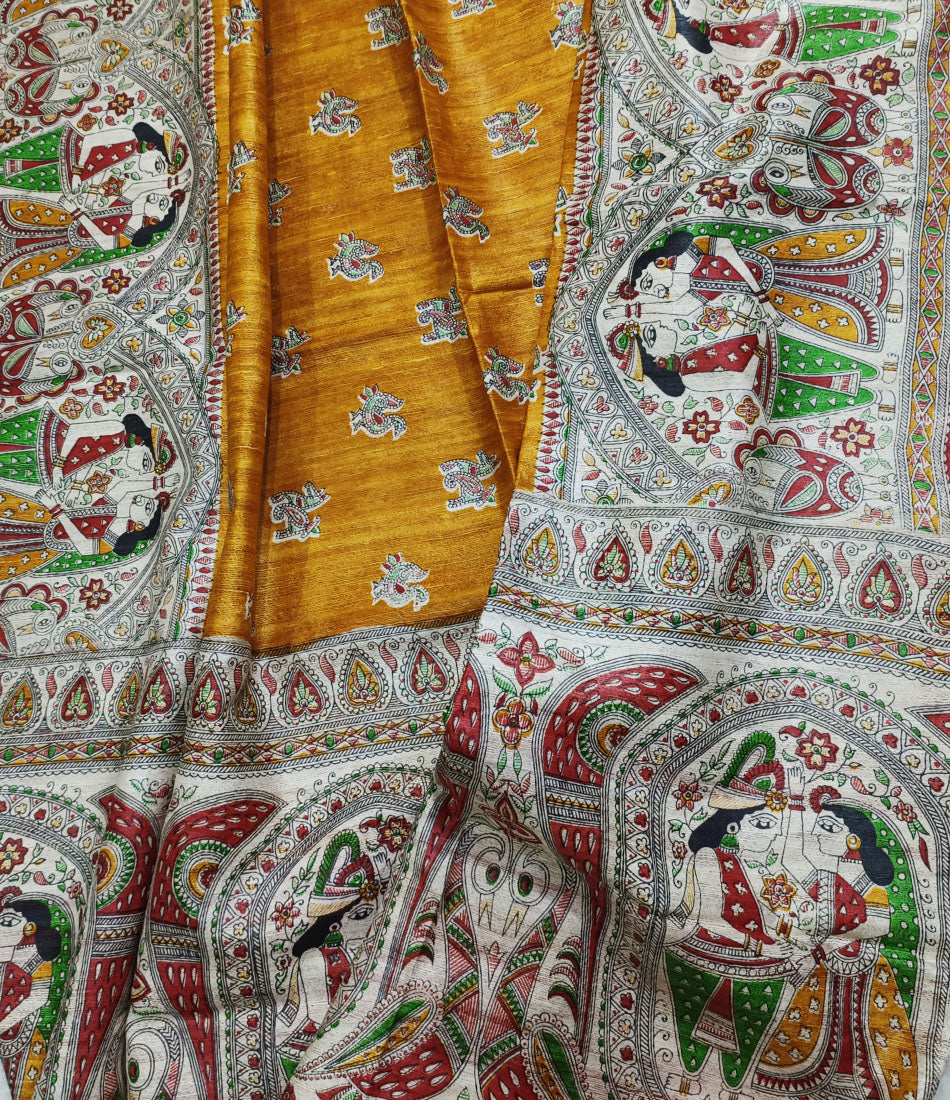 Radha-Krishna Madhubani Printed Silk Saree