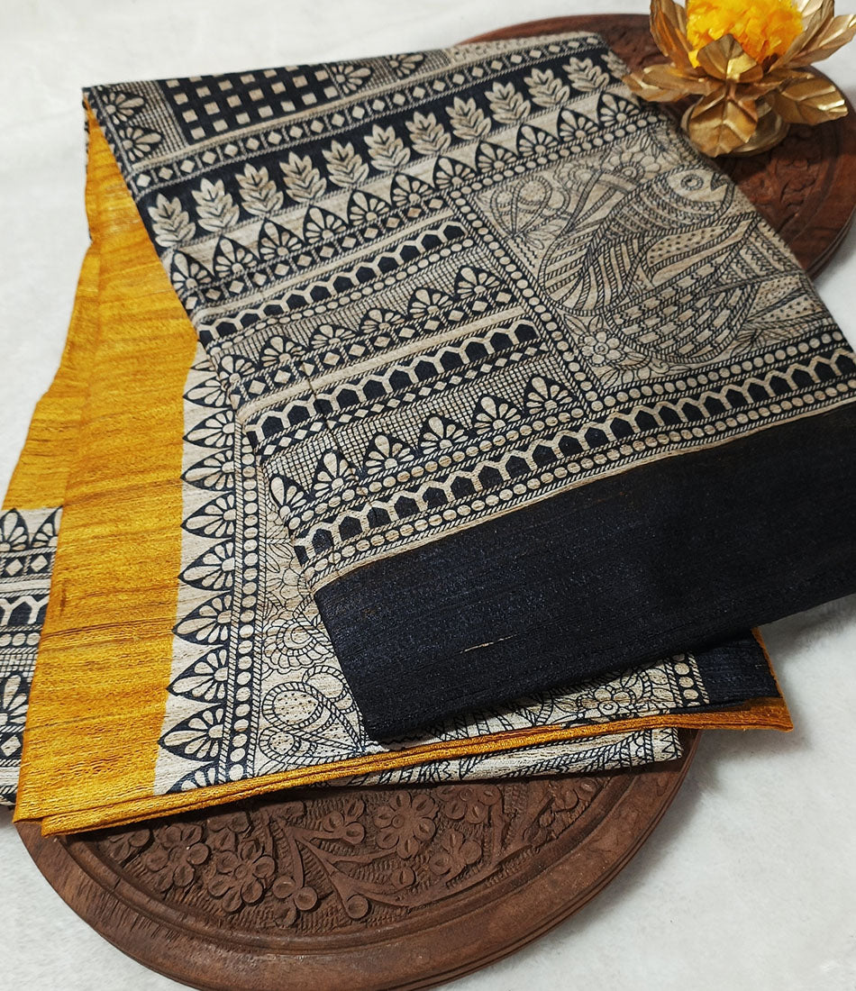Yellow Madhubani Printed Silk Saree