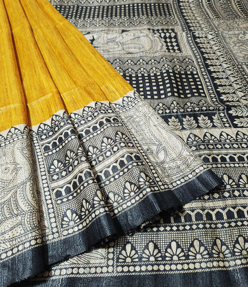 Yellow Madhubani Printed Silk Saree