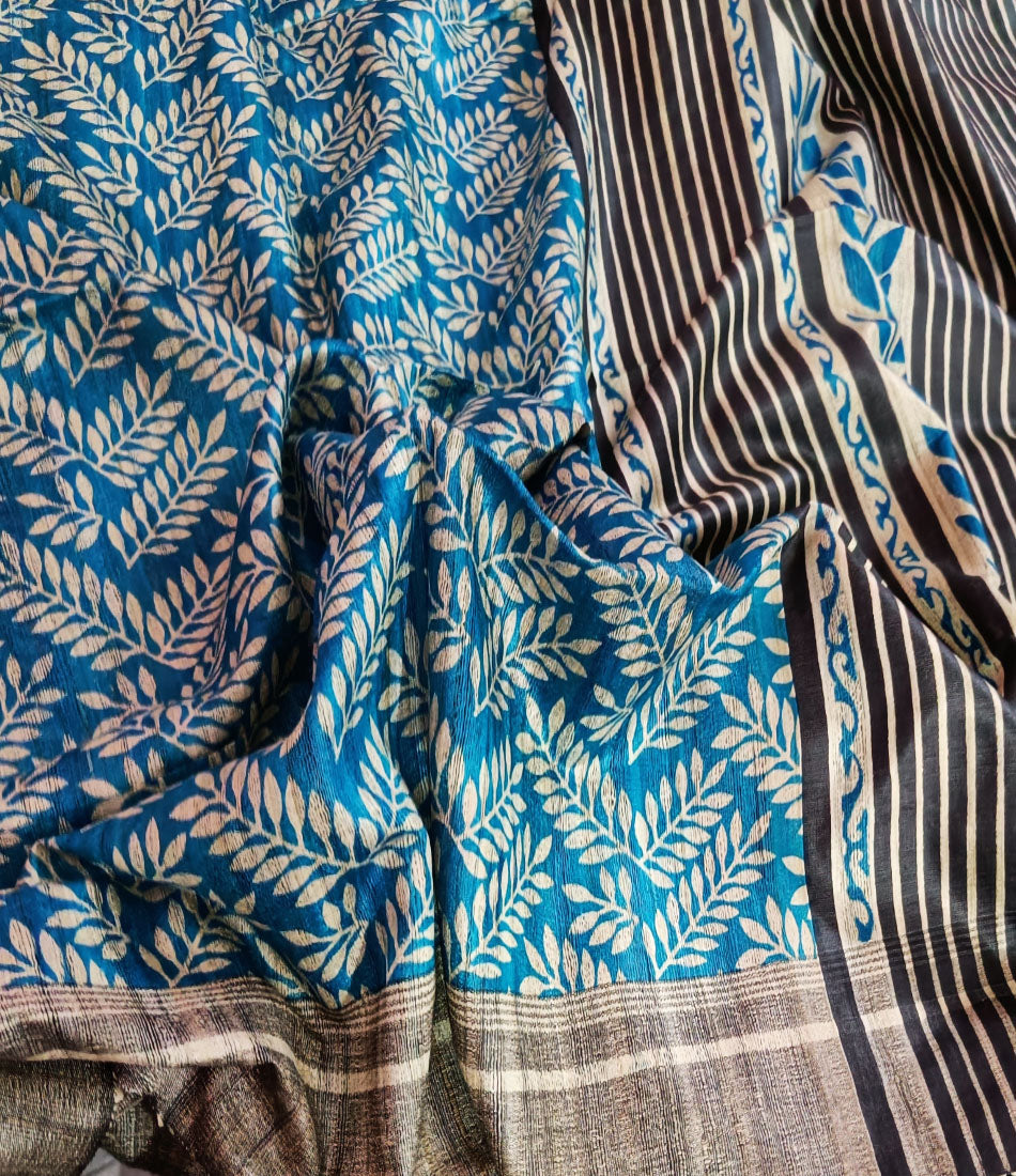 Leaf Printed Blue Tussar Ghicha Silk Saree