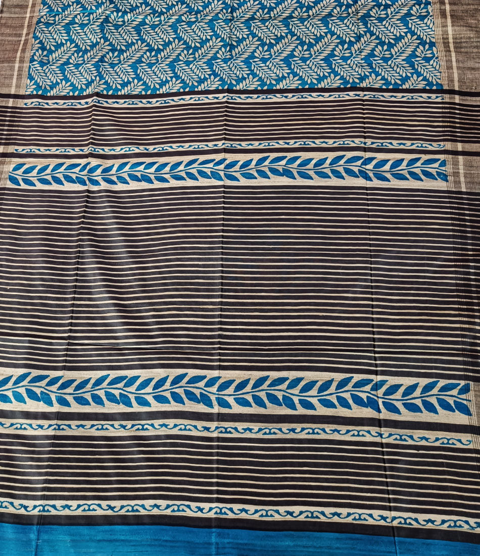 Leaf Printed Blue Tussar Ghicha Silk Saree