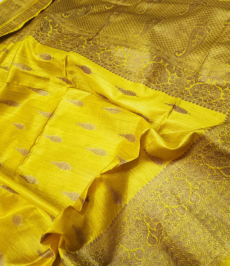Yellow Buta Motif Tussar Munga Silk Saree with Zari Border