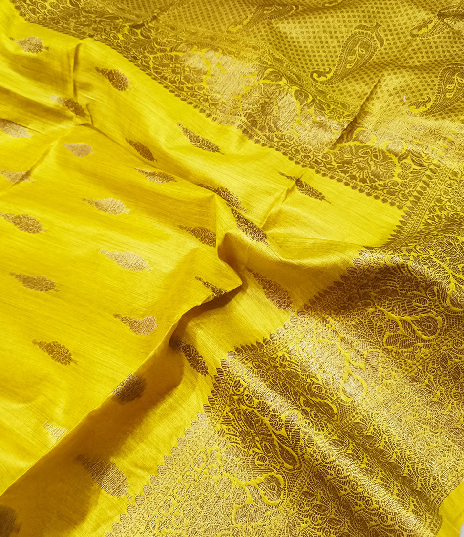 Yellow Buta Motif Tussar Munga Silk Saree with Zari Border