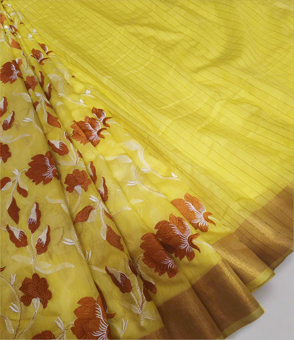 Yellow Embroidered Silk Linen Saree
