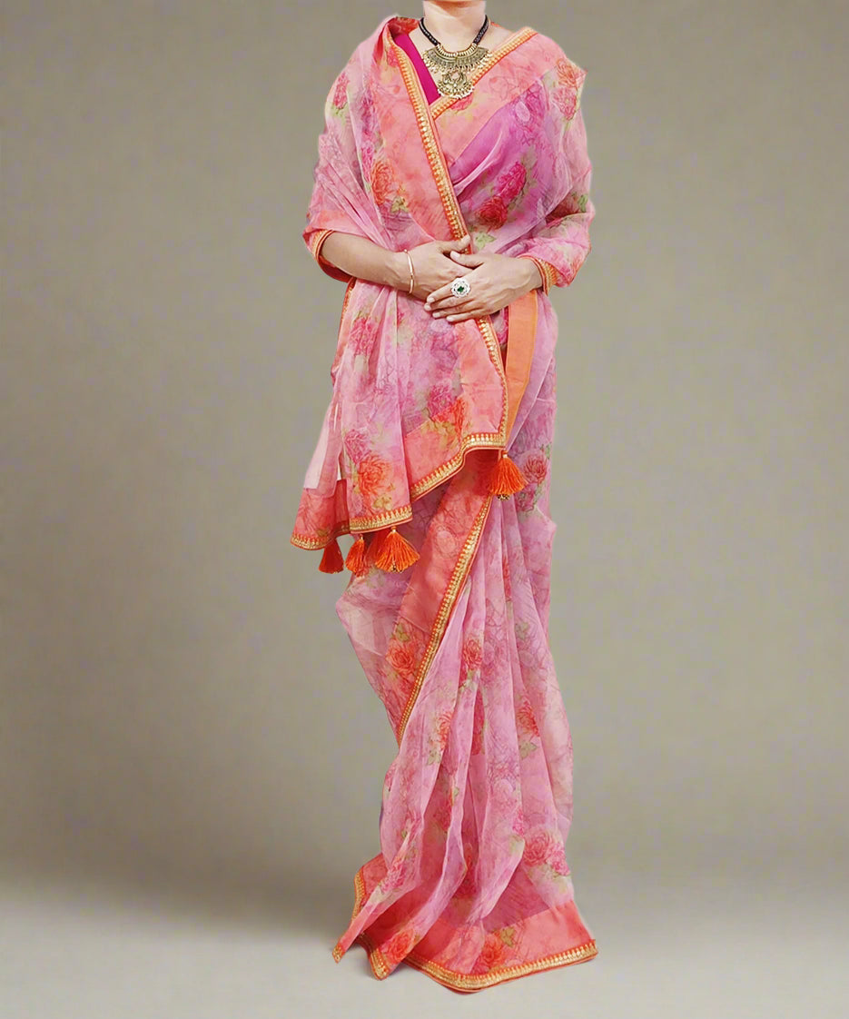 Printed Rose Pink Pure Organza Saree