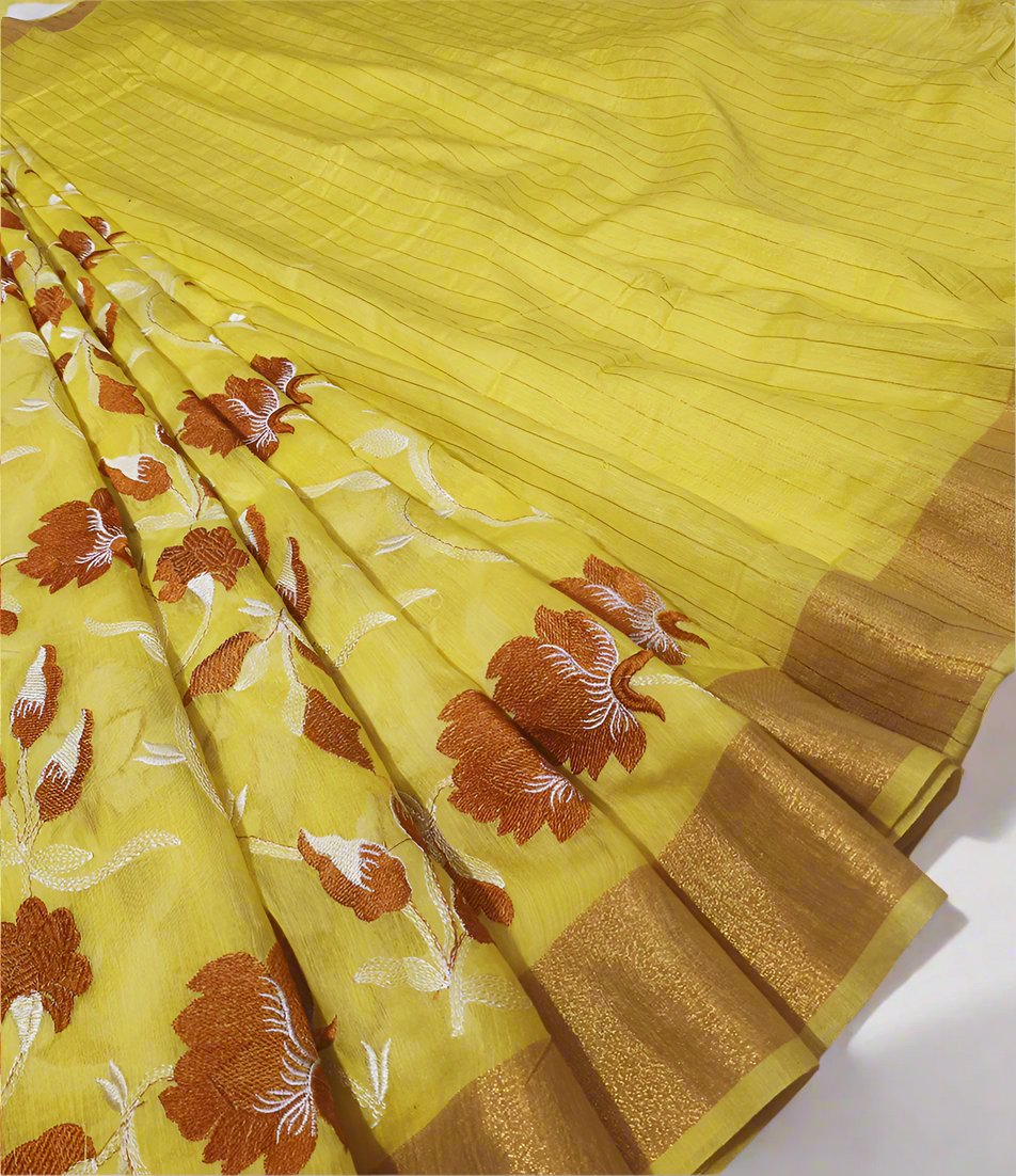 Yellow Embroidered Silk Linen Saree