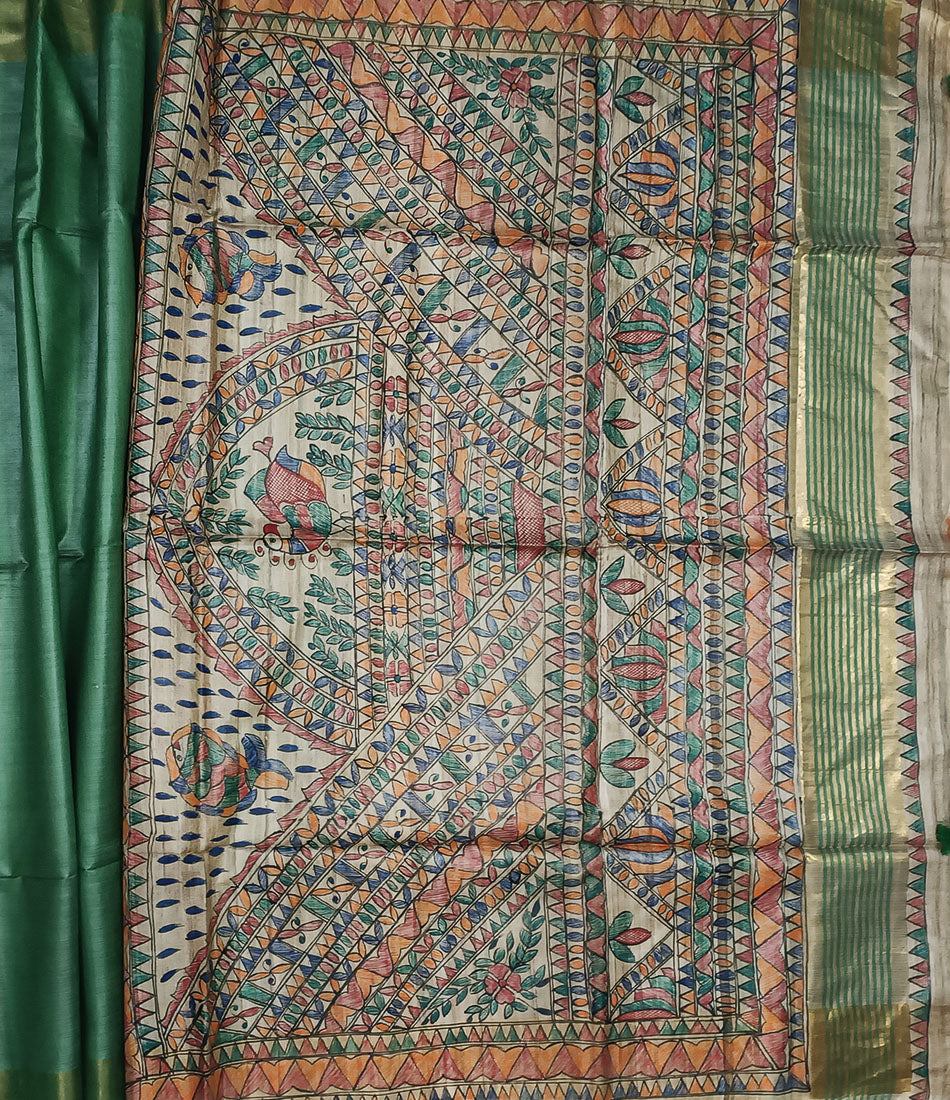 Green Madhubani Floral Hand Painted Pallu Silk Saree