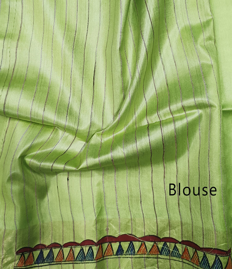 Pista Green Madhubani Hand Painted Pallu Silk Saree