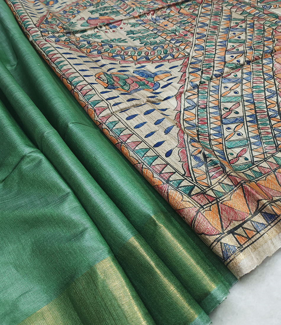 Green Madhubani Floral Hand Painted Pallu Silk Saree