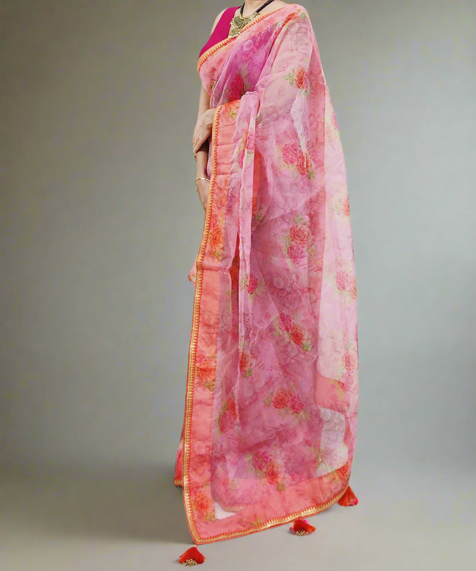 Printed Rose Pink Pure Organza Saree
