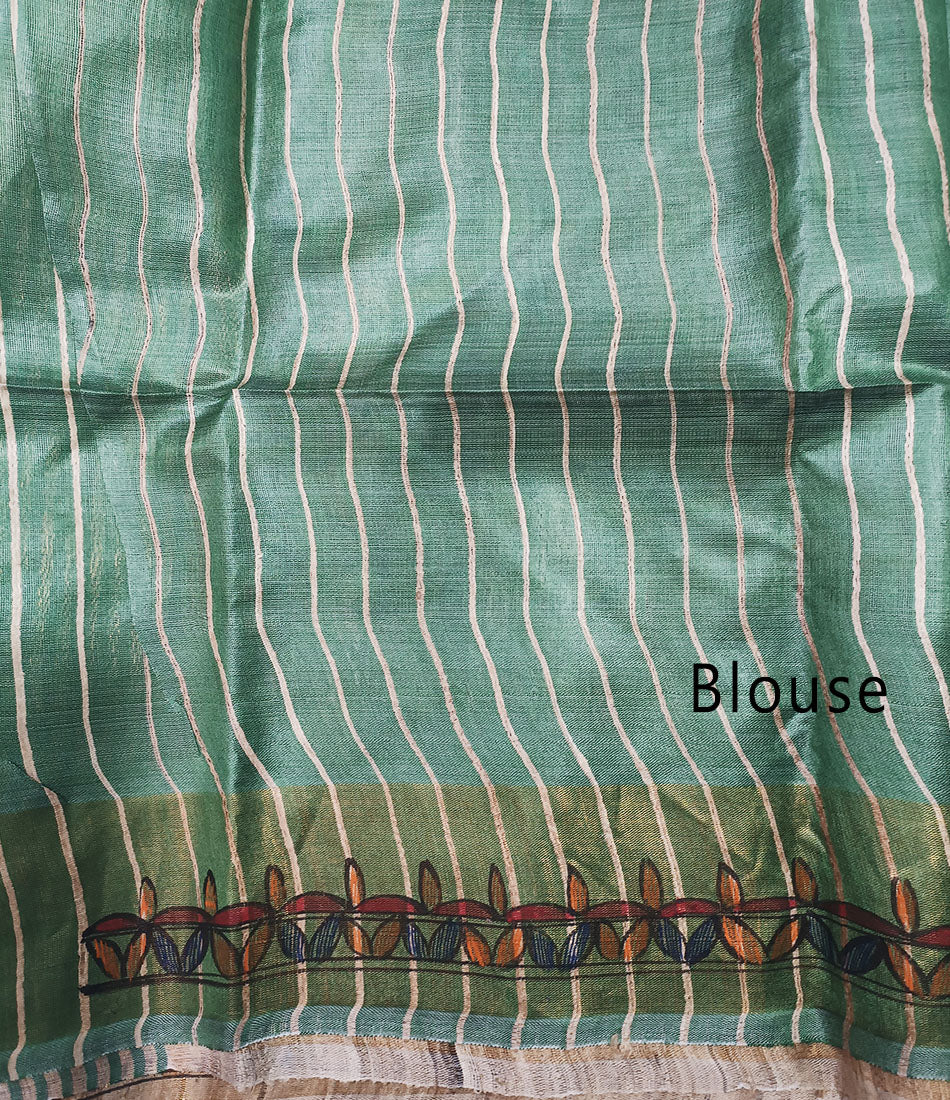 Green Madhubani Floral Hand Painted Pallu Silk Saree