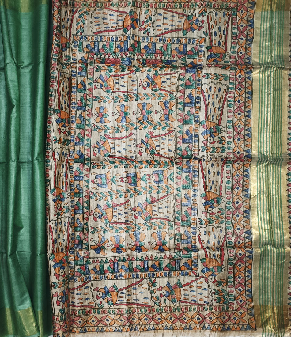 Green Madhubani Hand Painted Peacock Pallu Silk Saree