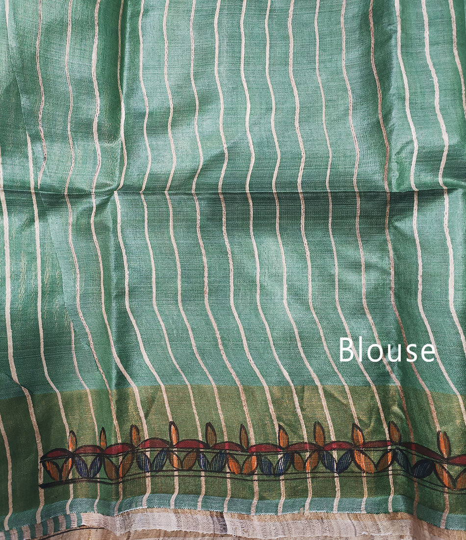Green Madhubani Hand Painted Peacock Pallu Silk Saree