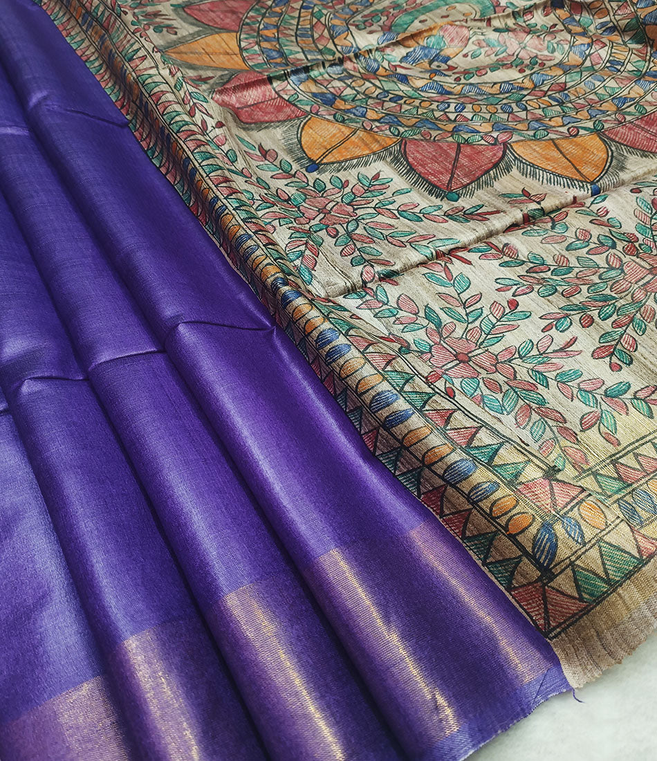 Purple Madhubani Hand Painted Pallu Silk Saree