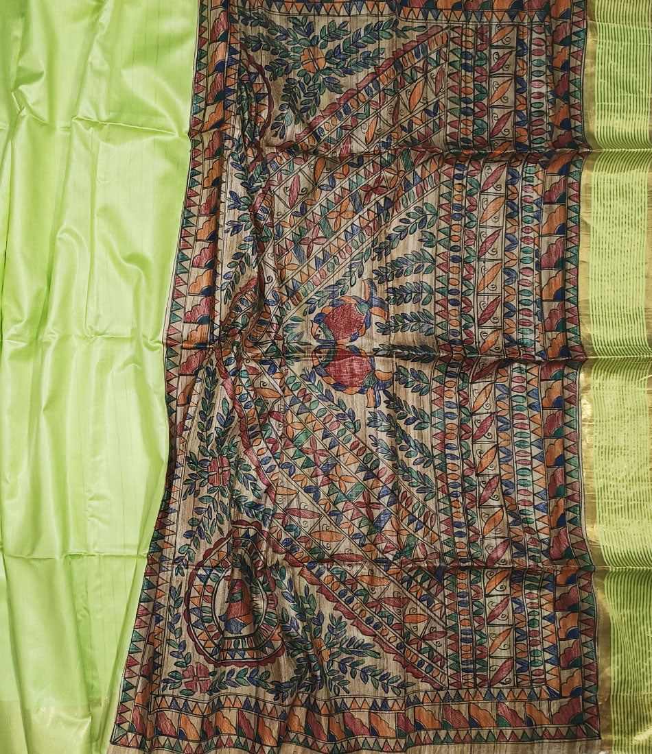 Pista Green Madhubani Hand Painted Pallu Silk Saree