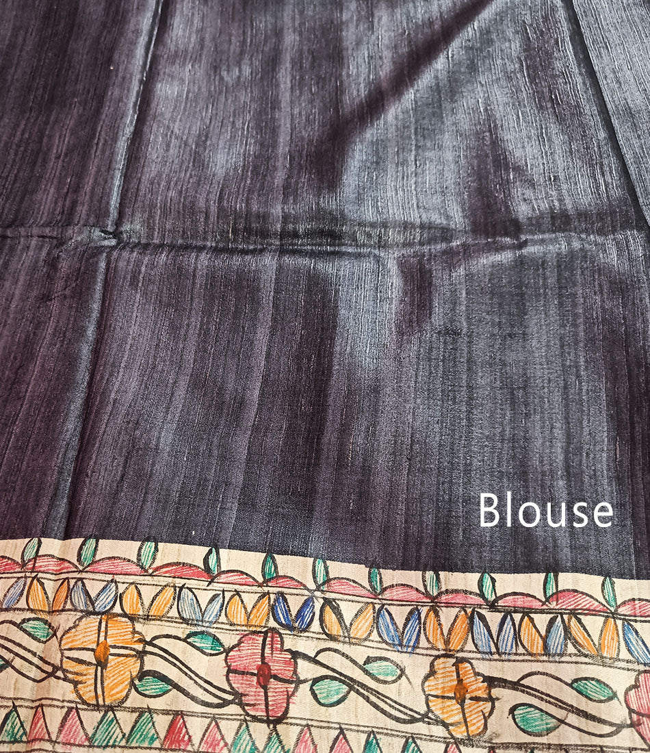 Black Chakra Painted Madhubani Ghicha Tussar Silk Saree