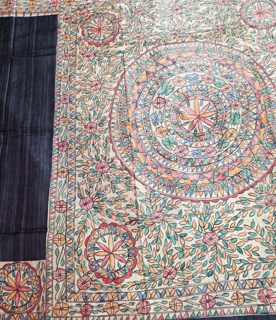 Black Chakra Painted Madhubani Ghicha Tussar Silk Saree