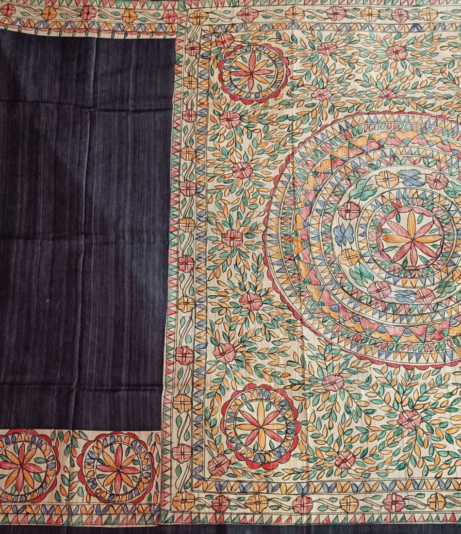 Black Chakra Painted Madhubani Ghicha Tussar Silk Saree
