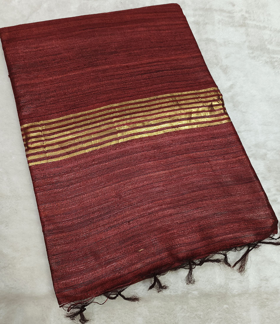 Wine Zari Border Handloom Ghicha Tussar Silk Saree