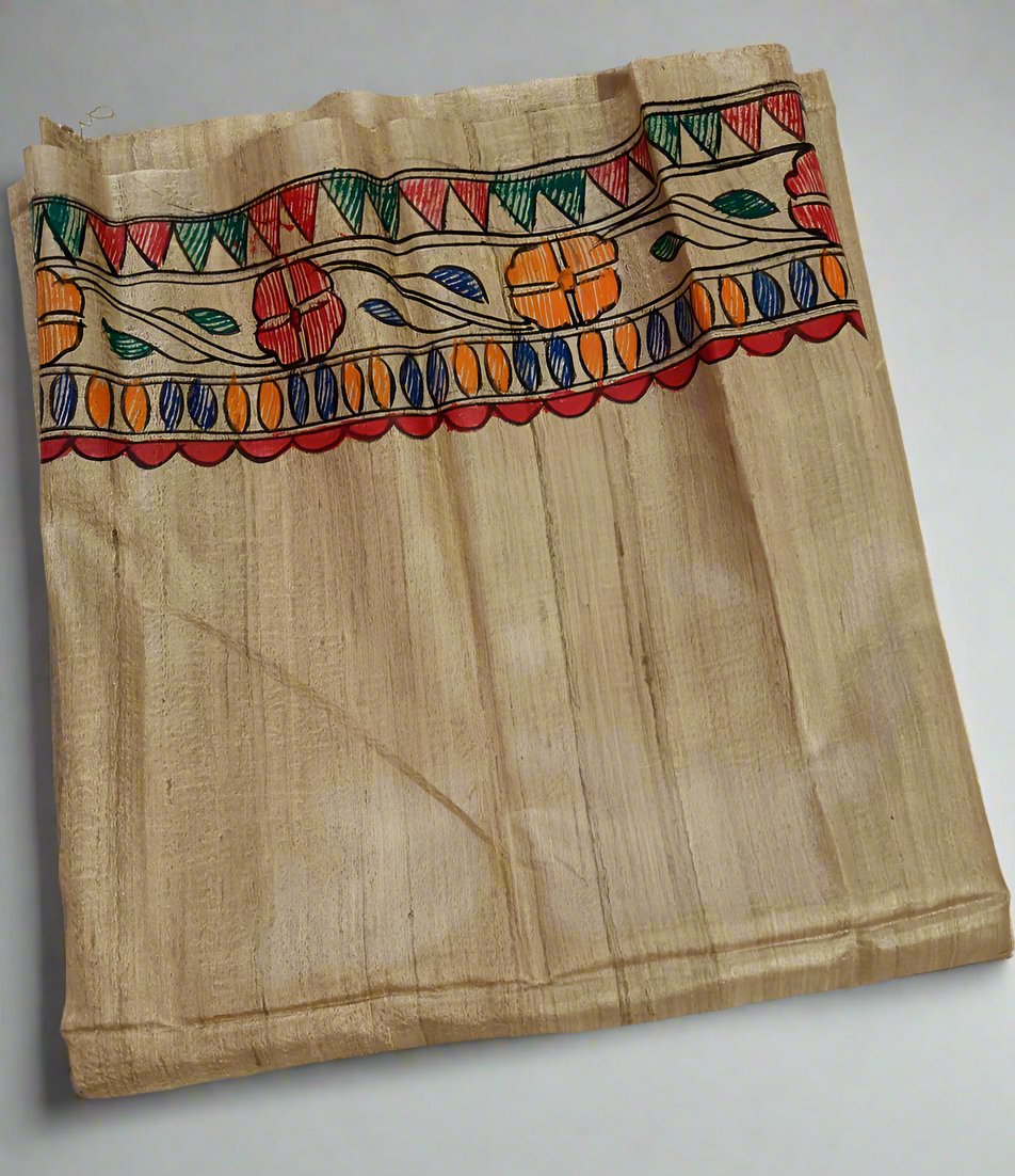 Gopi Krishna Madhubani Hand Painted Pure Desi Tussar Silk Saree