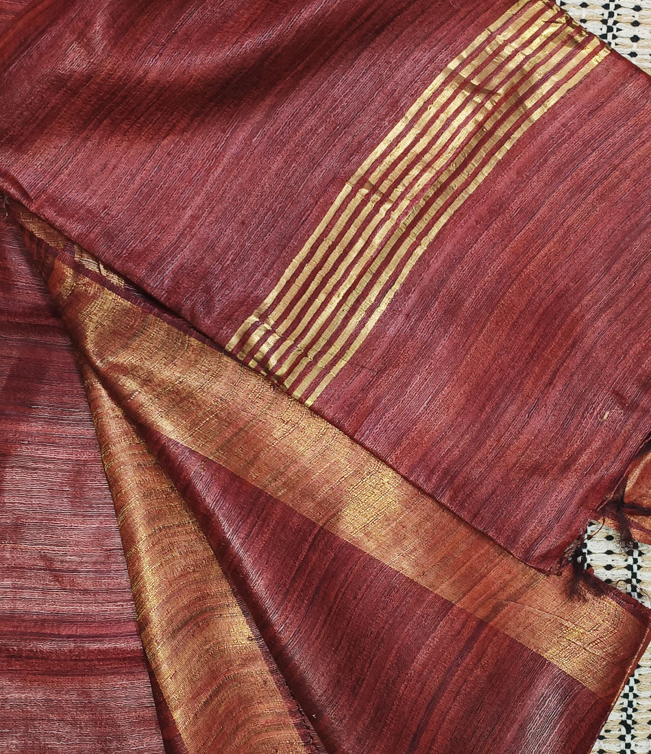 Wine Zari Border Handloom Ghicha Tussar Silk Saree