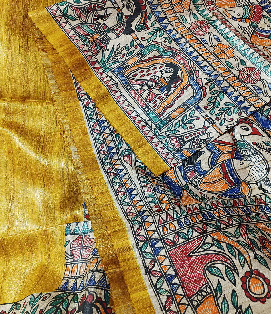 Mustard Half & Half Madhubani Hand Painted Pure Tussar Ghicha Silk Saree