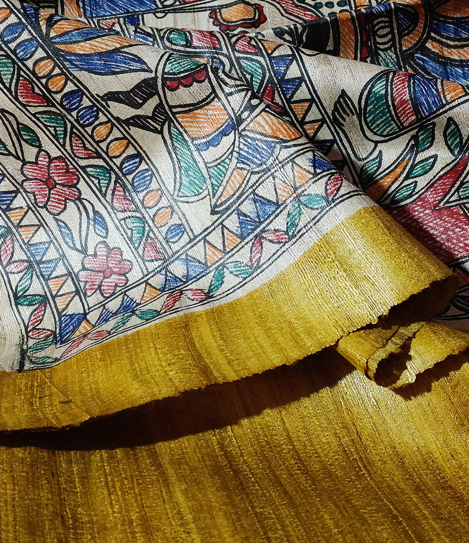 Mustard Half & Half Madhubani Hand Painted Pure Tussar Ghicha Silk Saree