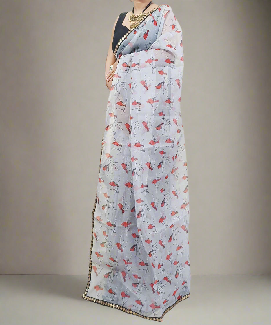 Bird Printed Organza Saree