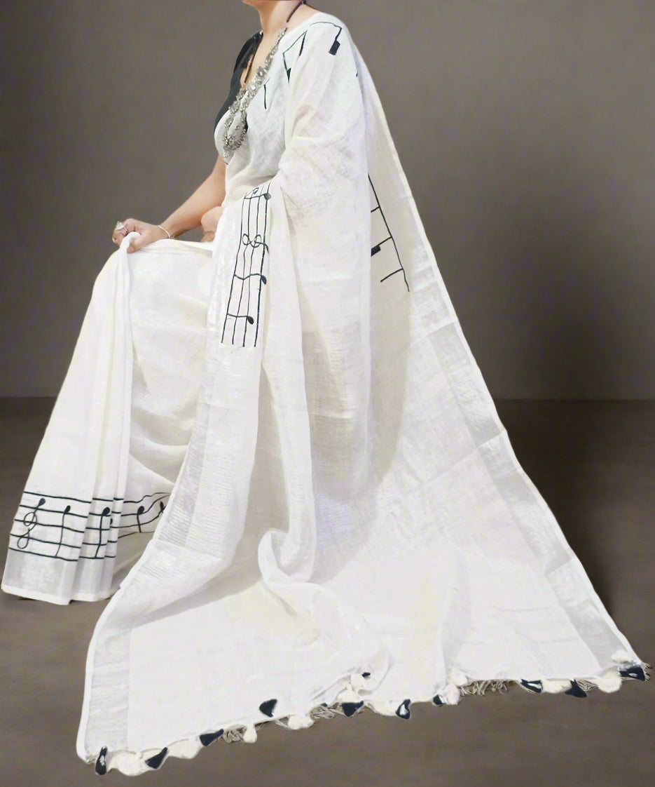 White Handloom Pure Linen Saree