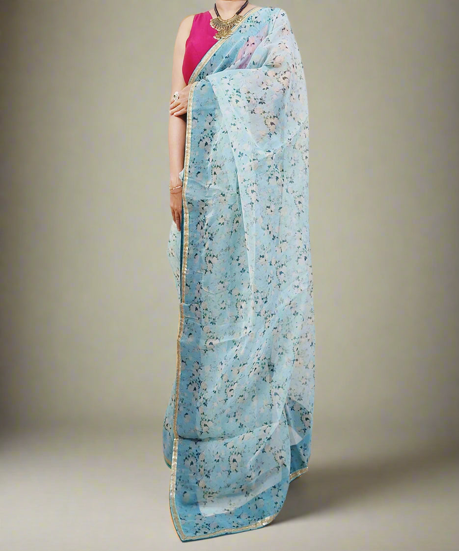 Bottle Green Printed Organza Saree