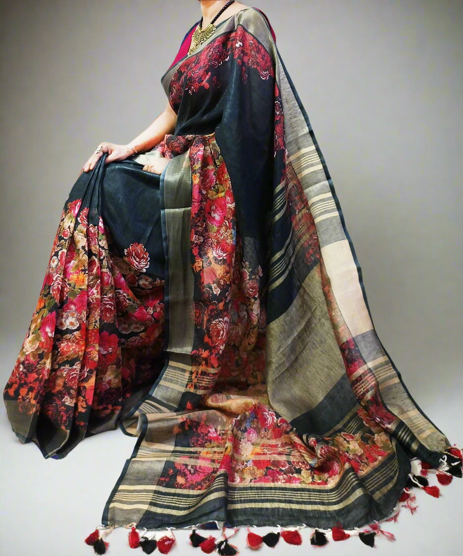 Black Floral Printed Linen Saree