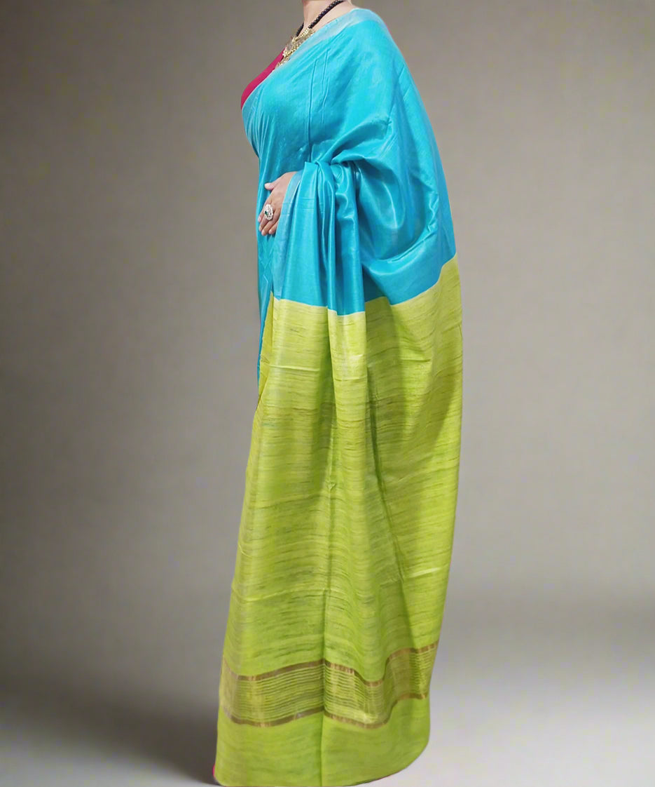 Blue and Green Handloom Viscose and Ghicha Silk Saree
