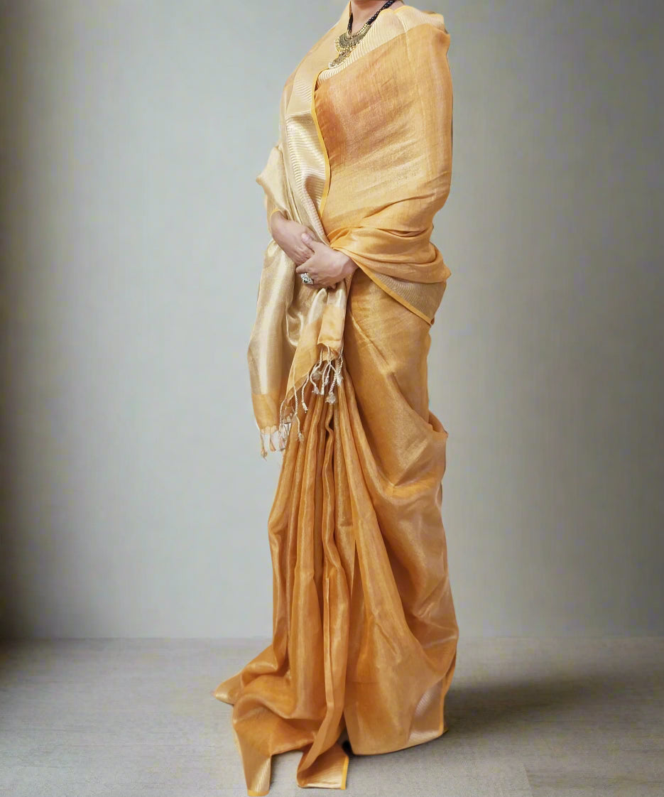 Golden Brown Tissue Linen Saree