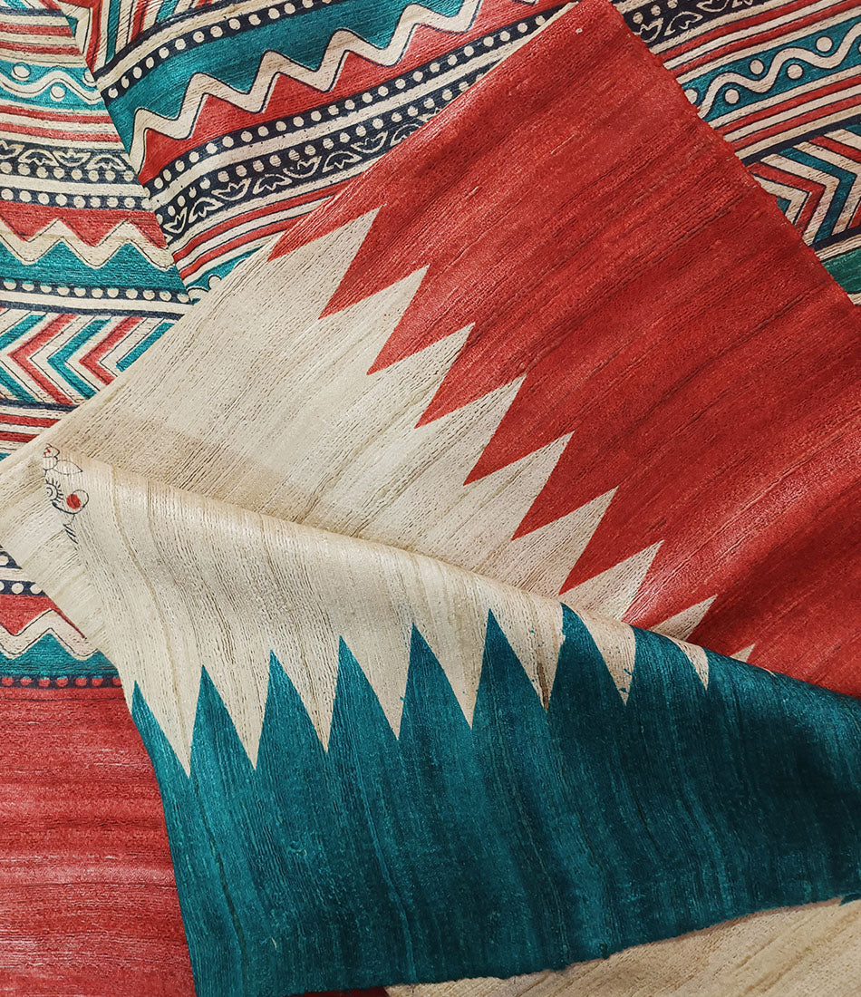 Printed Red and Firozi Temple Border Silk Saree