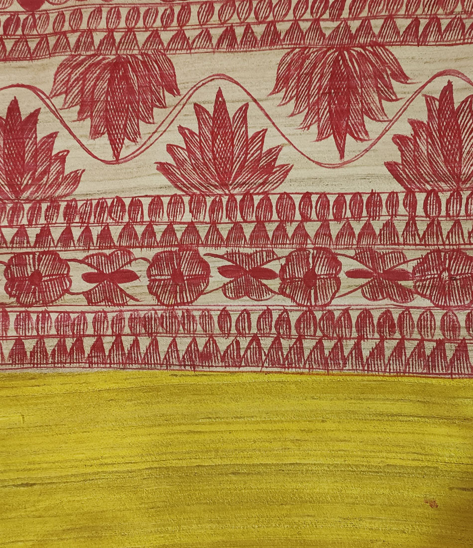 Bright Yellow Madhubani Hand Painted Tussar Ghicha Silk Saree