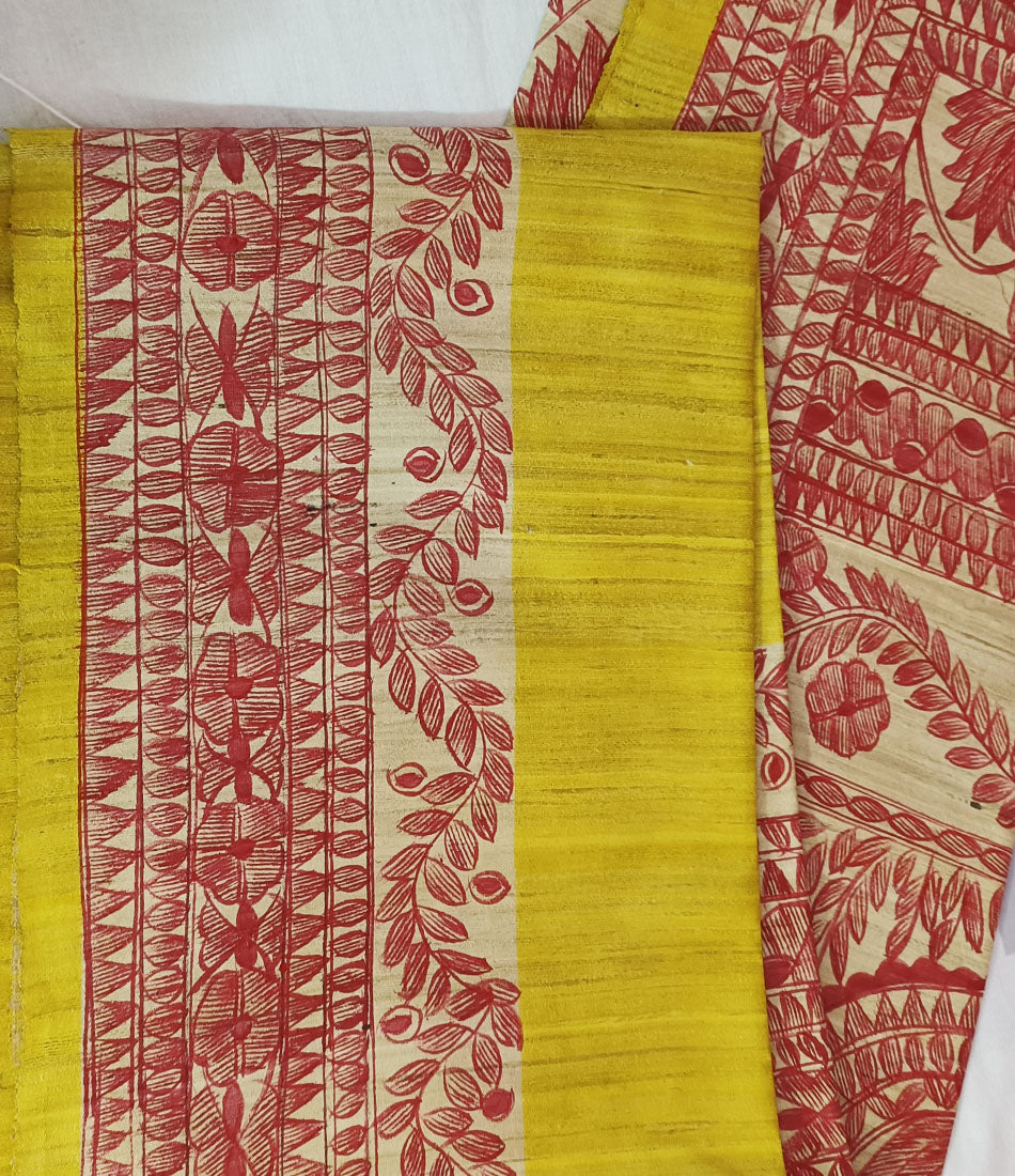 Bright Yellow Madhubani Hand Painted Tussar Ghicha Silk Saree