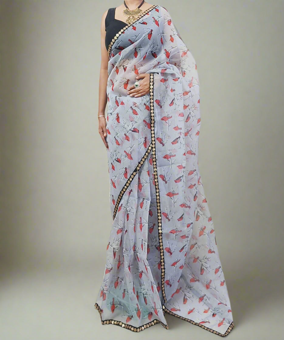 Bird Printed Organza Saree